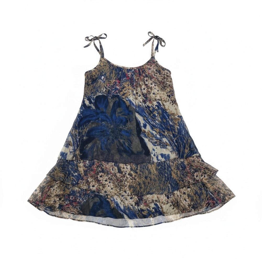 Orion London Tiered Chiffon Tie Strap Mini Dress Blue Abstract Small Indie